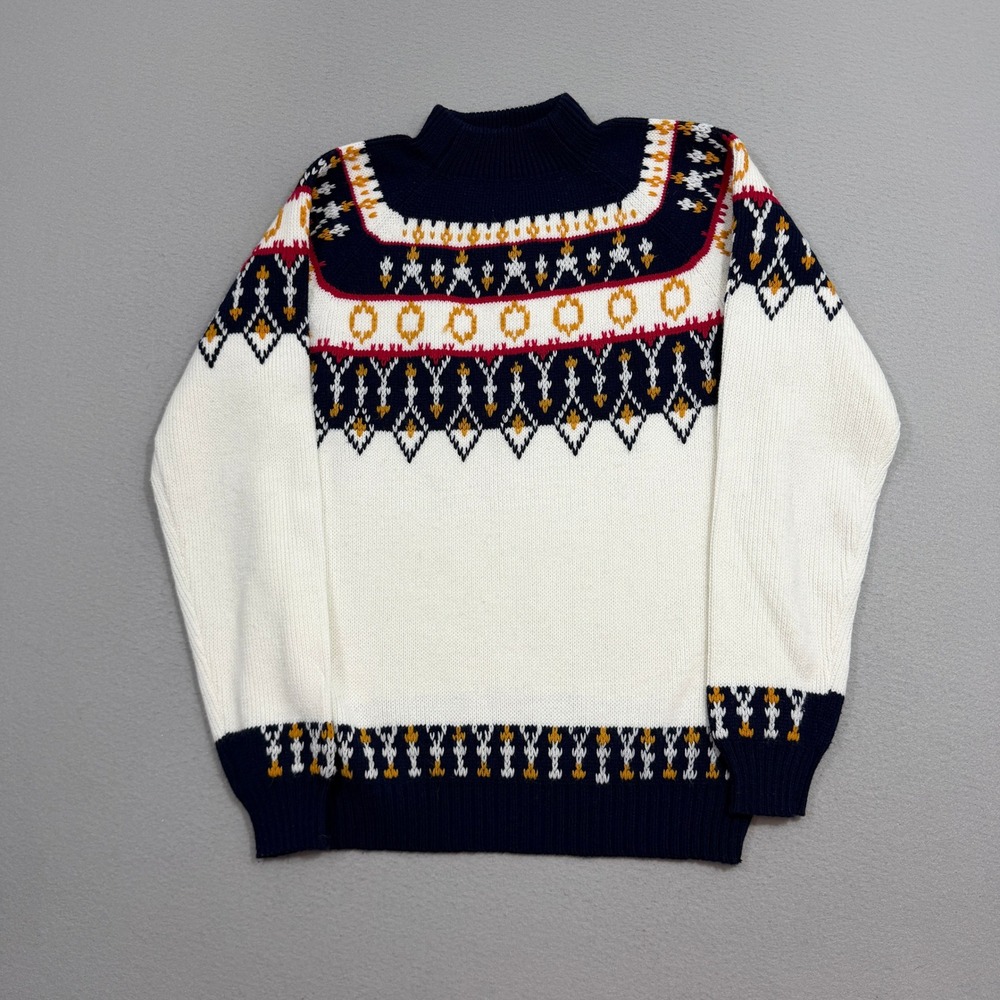 Vintage JCPenney Sweater Large White Fair Isle Mock Neck Vintage Acrylic Knit